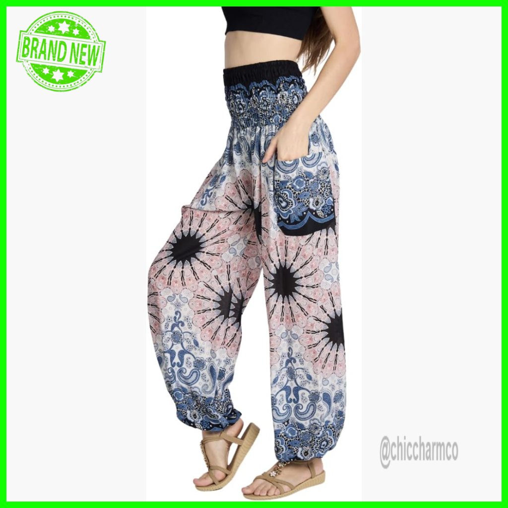 High-Waisted Harem Yoga Pants, Rayon, Smocked Waist, Pockets, Xs-Xl